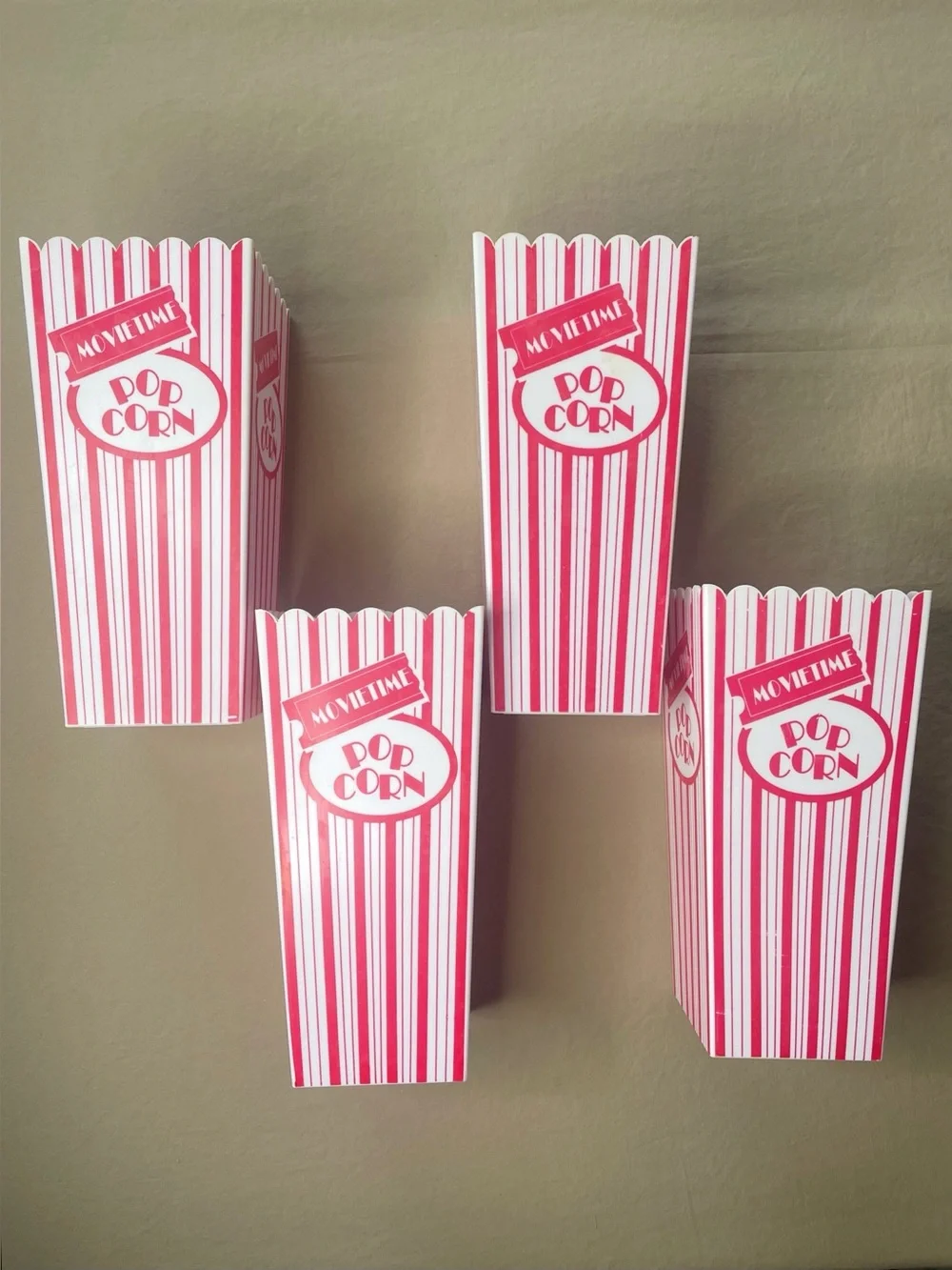 Set of 4 Movie Time Popcorn Buckets Vintage Plastic Tubs Striped Home Theater